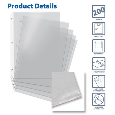 Better Office Products Sheet Protectors, Textured, 8.5in. x 11in. Anti Glare, Top Load, 200PK 81853